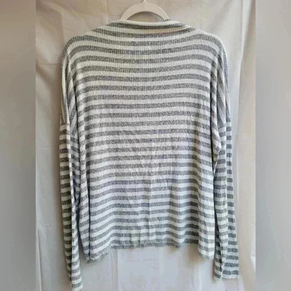 Lucky Brand Women Sweater Large White Gray Striped Lightweight Tunic Oversized - Picture 5 of 5